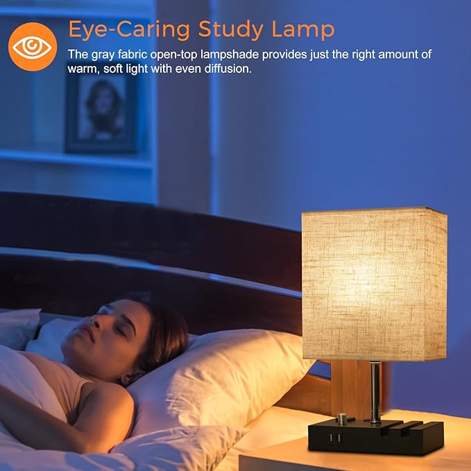 Nightstand Lamp for Bedroom with USB A + C Ports, Small Bedside Table Lamp with Charging Outlets and Phone Stands, 3 Color Temperatures Night Stand Light with Bulb for Living Room