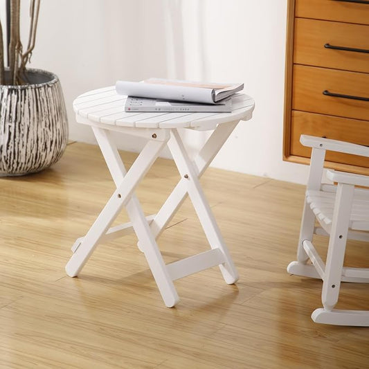 Outdoor Small Round Folding Side Table, Foldable Wooden End Tables for Indoor, Porch, Patio, Camping as Coffee Table or Plant Stand, White ﻿