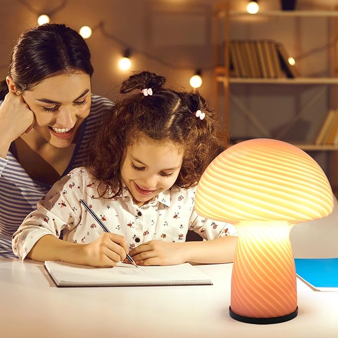Dimmable Mushroom lamp,Pink Glass Mushroom Bedside Table Lamp Translucent Vintage Style Small Nightstand Desklamp for Home Decor, Dining, Living, Bedroom, Gift (Striped Pink)