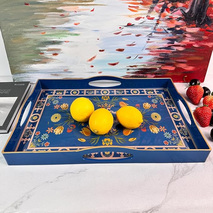 Boho Blue Decorative Tray, Serving Tray with 4 Handles, Plastic Tray for Coffee Table, Ottoman - Ideal for Living Room & Bathroom. 15” x 11” x 1.9”