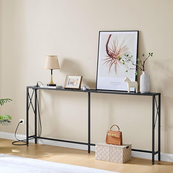 Console Table Narrow Long, Behind Couch Table with Oulets & USB Ports, Industrial Long Skinny Stand for Entryway,Hallway, Living Room, Bedroom Black, 7.9" D x 70" W x 30.3" H
