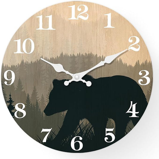 XFM Large Cabin Bear Wall Clock Battery Operated 24 Inch Silent Wooden Wall Clocks Rustic Forest Wildlife Clock for Lodge Living Room Kitchen Office