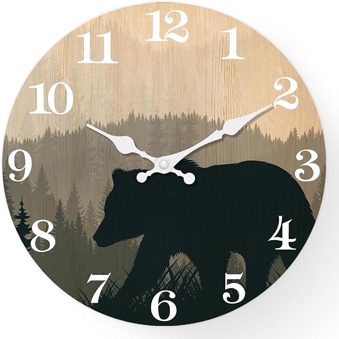 XFM Cabin Bear Wall Clock 16 Inch Silent Wooden Wall Clocks Battery Operated Rustic Forest Wildlife Clock for Lodge Living Room Kitchen Office