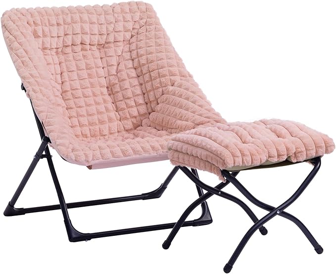 HollyHOME X-Large Saucer Chair with Foldable Ottoman, Comfy Oversized Folding Chair and Folding Footrest Stool Set, Faux-Fur Reading Chair and Footstool for Living Room, Bedroom, Pink Chair&Stool