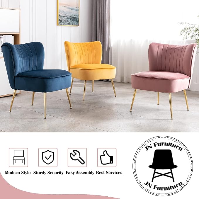 Velvet Accent Chairs Set of 2 Comfy Living Room Chair Armless Slipper Chair Mid Century Side Single Sofa Chair with Golden Legs Wingback for Bedroom Guest Room, Pink