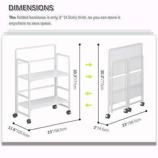 4NM 2 Tiers No-Assembly Folding Bookshelf with Wheels, Portable Rolling Storage Foldable Bookcase & Compact Side Table for Living Room, Bedroom, Kitchen, Bathroom (All White)