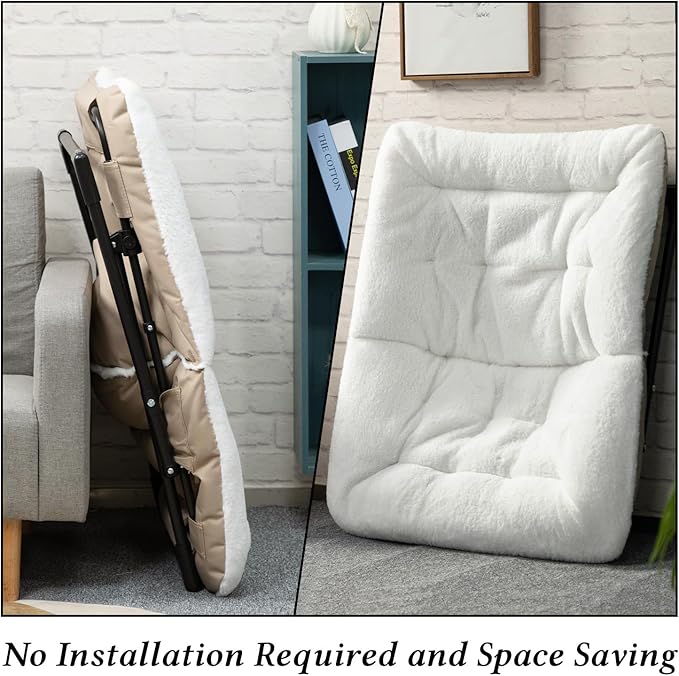HollyHOME X-Large Saucer Chair, Comfy Oversized Folding Chair, Faux-Fur Reading Chair for Teens, Adults, Foldable Accent Lazy Chair, Metal Frame Lounge Chair for Living Room, Bedroom, Dorm, White