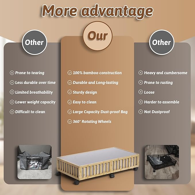 Bamboo Under Bed Storage Containers with Wheels, 2 Pack Large Under the Bed Shoe Storage Bins, Wood Rolling Underbed Drawers Organizer for Bedroom Closet Clothes Blanket Under Crib Toy Nature