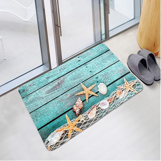Bath Rugs Sponge Foam Absorbent Soft for Bathroom and Kitchen (30 x18 inches), Flannel Mat Non Slip Bright 3D Print for Bedside and Living Room(Starfish on Blue Wooden Board)