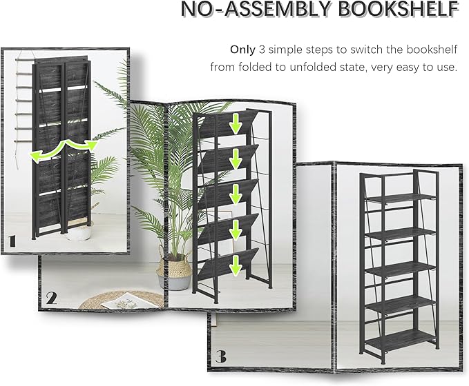 4NM No Assembly Folding Bookshelf, 5-Shelf 62.2" H Collapsible Foldable Bookcase Storage for Small Spaces, Gray and Black