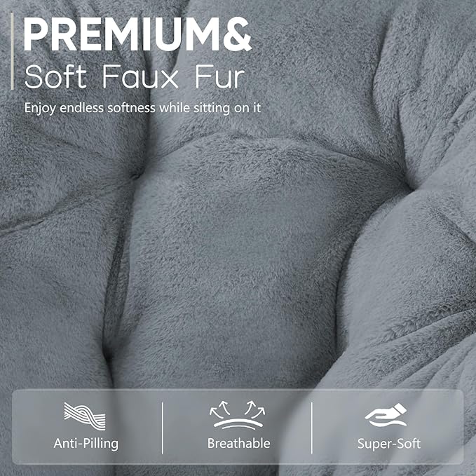 DUMOS Comfy Saucer Chairs Cozy Faux Fur Soft Lounge Cute Folding Bedroom Living Room Seat Flexible Reading Foldable Seating for Kids Adults Thick Padded Metal Frame Modern for Home Office Grey