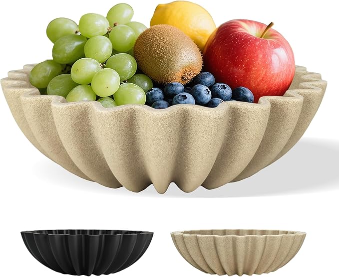 Decorative Fruit Bowl for Kitchen Counter, Large Decorative Bowl Modern Handicraft Bowl for Home Decor, Stylish Key Bowl for Entry Table, Coffee Table Decor, Home Decor Accent, Artificial Stone Beige
