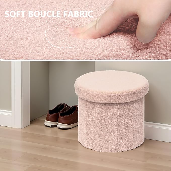 15 Inchs Round Storage Ottoman, Small Foldable Foot Stool with Hidden Storage for Living Room, Bedroom-Pink