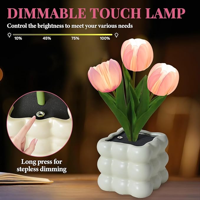 Tulip Table Lamp, Touch Stepless Dimming Night Light, USB Rechargeable Small Desk Lamp, LED Tulip Artificial Flower Lamp Aesthetic for Bedroom Home Living Room Decor (Pink Tulip - USB)
