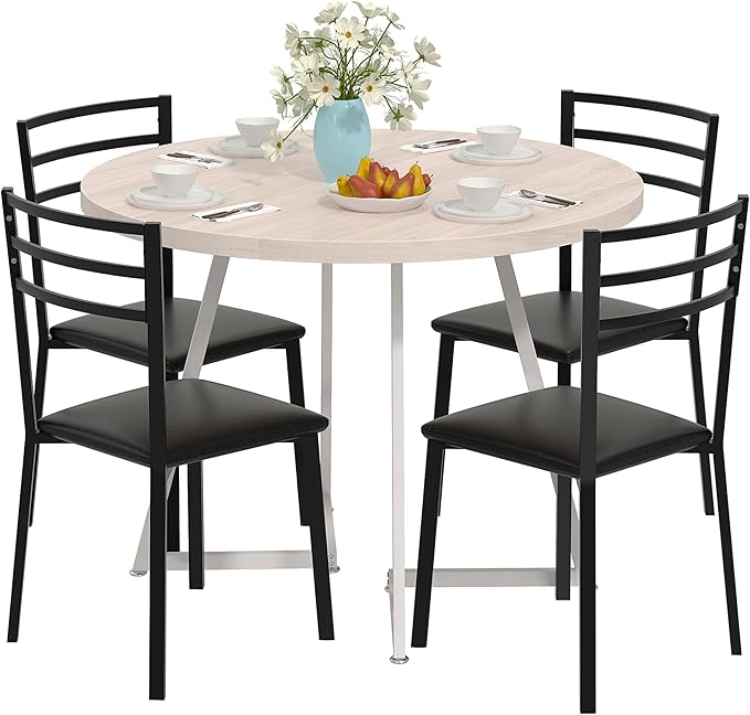VECELO 35” Round Dining Table Set with 4 Cushioned Padded Chairs for Kitchen, Breakfast Nook, or Living Room, Wood-Grain Tabletop & Heavy-Duty Steel Frame, Easy Assembly, Natural Wood