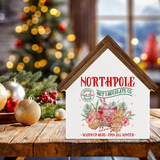 Christmas Hot Cocoa Bar Decor, North Pole Hot Chocolate Co House Shaped Wood Block Sign Xmas Holiday Decorations for Home Kitchen