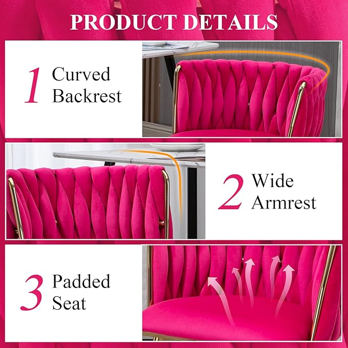 NIOIIKIT Modern Velvet Dining Chairs Hand Weaving Accent Chairs Living Room Chairs Upholstered Side Chair with Golden Metal Legs for Dining Room Kitchen Vanity Living Room (Rosered)