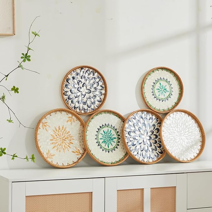 Shellac Rattan Tray with Mother of Pearl Inlay, Round Decorative Serving Tray for Home Décor Coffee Table Storage and Display, 100% Natural Materials-Ottoman Tray - White 12"