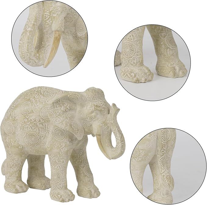 Guichifun Elephant Statues Decor Collectible Figurines - Cream Resin Boho Elephant Decoration Handmade Brings Good Luck Health for Living Room Shelf Office Gifts for Women 7.25 x 3.25 x 5.75 Inch