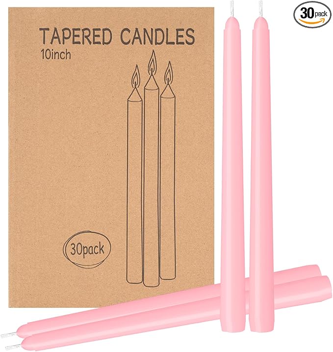 30 Pack Pink Taper Candles - Taper Candles 10 Inch Dripless, Smokeless & Unscented - 8 Hours Long Burning - Ideal for Weddings, Dinner Parties, and Home Decor