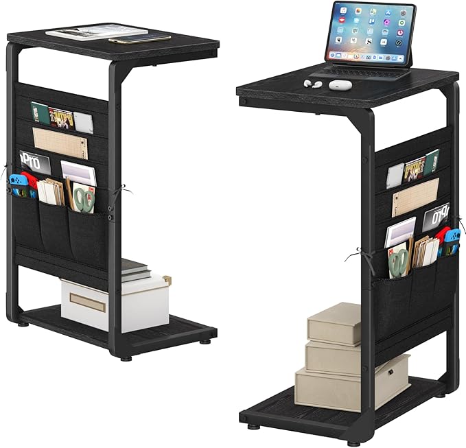 C-Shaped End Tables, TV Trays Set of 2, Small Side Table for Couch with Storage Bag, Sofa Table for Living Room, Bedroom, Bedside ET-P-BKW2