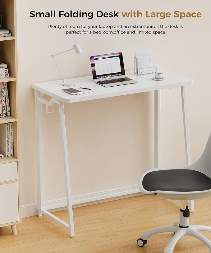 Folding Desk Small Foldable Desk for Small Space, 31.5 Inches Writing Computer Desks in Study, Home Office Foldable Office Desks for Bedroom, White