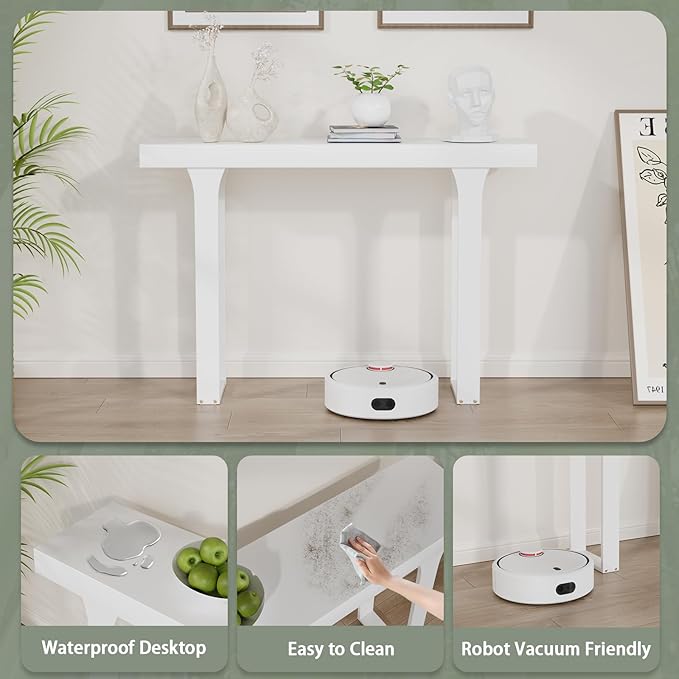 Bamboo 47.2" Narrow Console Table, Farmhouse Side Table, Wood Entryway Table, Modern Sofa Table Behind Couch with Storage Shelves for Entrance, Living Room, Hallway, Foyer (White)