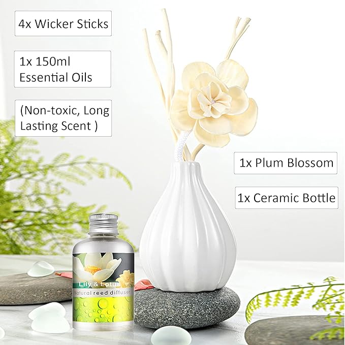 Dried Flower Reed Diffuser Set, Natural Sticks, Elegant Ceramic Bottle, Aromatherapy Oil Set, Home Fragrance & Decorative Diffuser (LilyLotus)