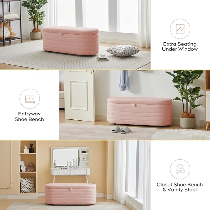 Storage Ottoman Bench End of Bed for Bedroom,45 inch Boucle Upholstered Entryway Shoe Seat Bench w/ Storage,Sherpa Modern Cute Padded Blanket Chest Stool Foot Rest for Living Room,Window Seating, Pink