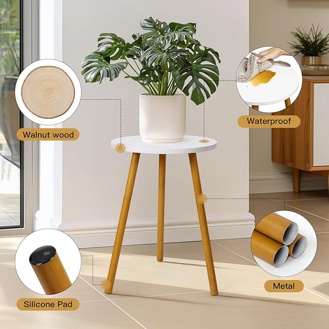 Tall Plant Stand Indoor, Mid Century Wood White Flower Stand for Corner, Metal Plant Holder, Modern Home Decor Small Round Side End Table (11.8"x20")