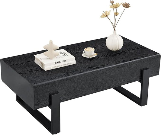 47.24" Rectangle Coffee Table, Wood Coffee Table Center Table with 7.8" Thick Tabletop Metal Legs Rounded Corners for Living Room Office, Black