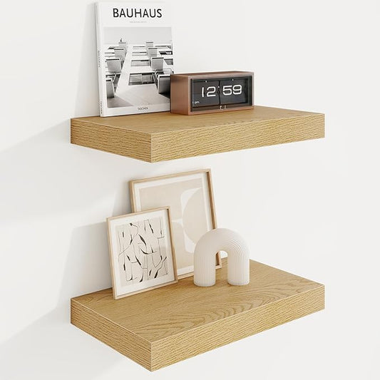 16in Floating Shelves for Wall, 16"W x 9.25"D x 1.25"H, 2 Pack Long Wall Mounted Engineered Wood Shelves with Invisible Brackets for Living Room, Bedroom, Bathroom, Kitchen Decor and Storage, Oak