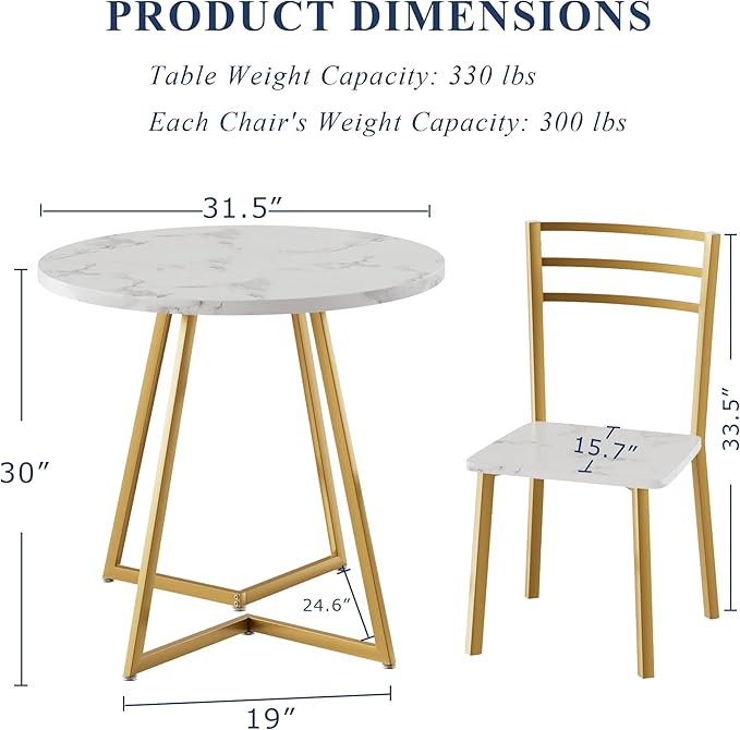 VECELO Small Round Dining Table Set for 2, Wood Tabletop with Strong Metal Frame, Modern Dinette with Chairs for Kitchen, Breakfast Nook Living Room, White & Gold