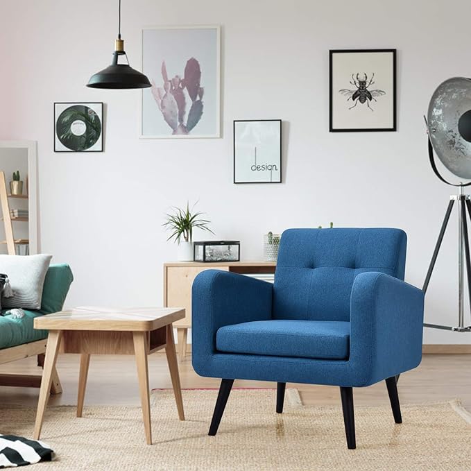 Giantex Upholstered Accent Chair, Modern Mid Century Linen Fabric Living Room Chair with Arms, Max Load 265 Lbs, Comfy Tufted Single Sofa for Reading, Bedroom, Office, Club, Blue