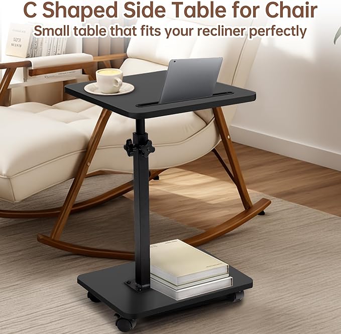 Aoligrace C Table End Table Adjustable Height, 360°Swivel TV Tray Table with Wheels, Small Side Table for Couch C Shaped End Table for Living Room Bedroom Small Spaces(Black 2)