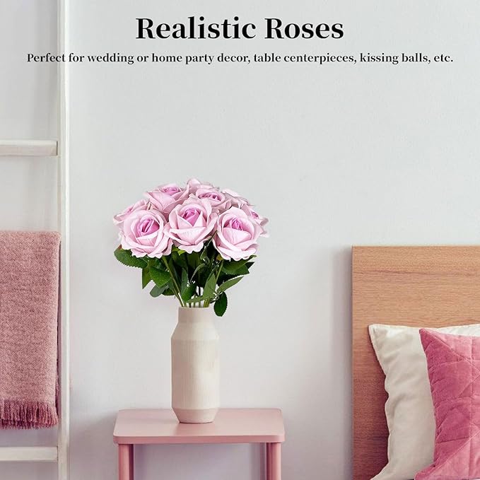 10 PCS Artificial Roses with Long Stems Silk Flowers Realistic Foam Flowers Fake Roses for Valentine's Day Home Wedding Halloween Decor(Light Pink)