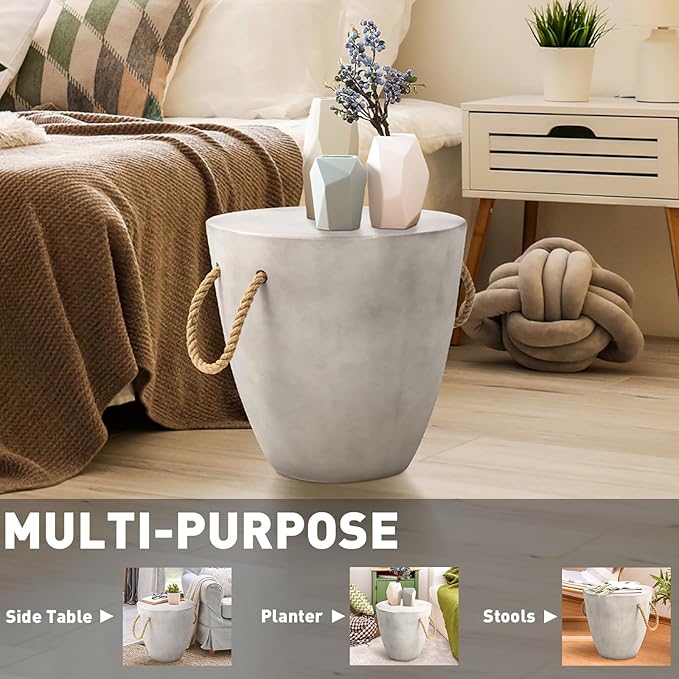 SUNBURY Outdoor Side Table Set of 2, 2 Piece Concrete Side Table Outdoor End Table, 17" H Small Side Table End Table Grey Accent Table for Patio Garden Living Room