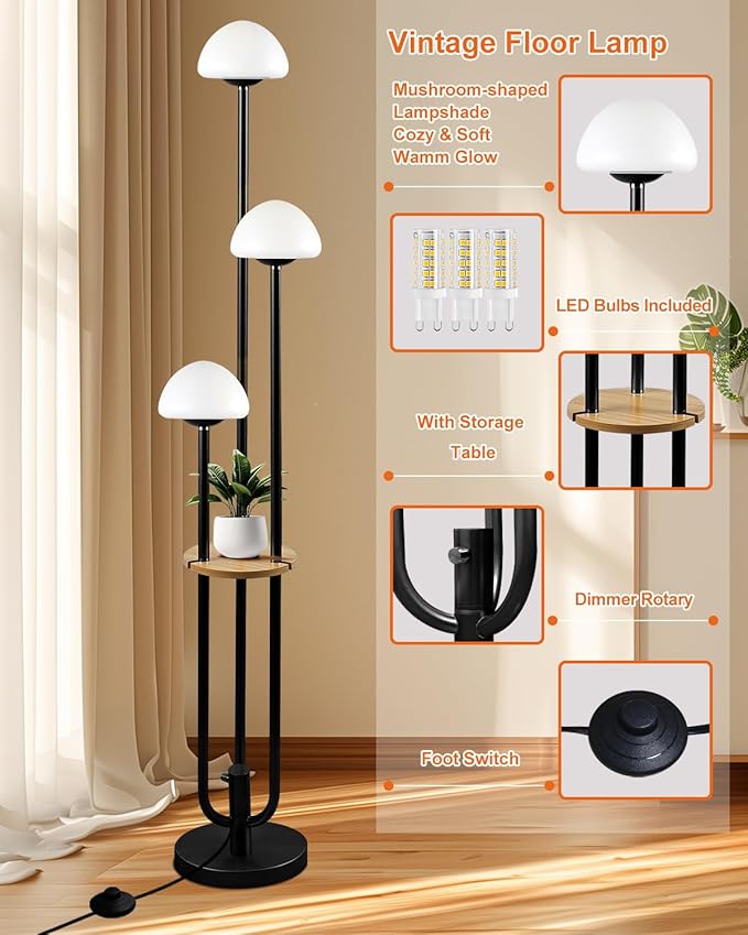 Lightdot Black Dimmable Floor Lamp with Table, Modern Floor Lamps for Living Room, 3000K Warm Lights Tall Standing Lamp with Mushroom Shades & Bulbs for Bedroom/Office