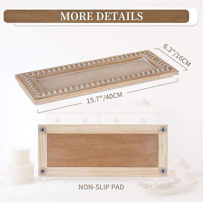 Hanobe Decorative Wood Candle Tray: Rustic Rectangle Beaded Centerpiece Table Decorations Farmhouse Long Narrow Tealight Candle Holders Plate for Dining Room Coffee Table Decor