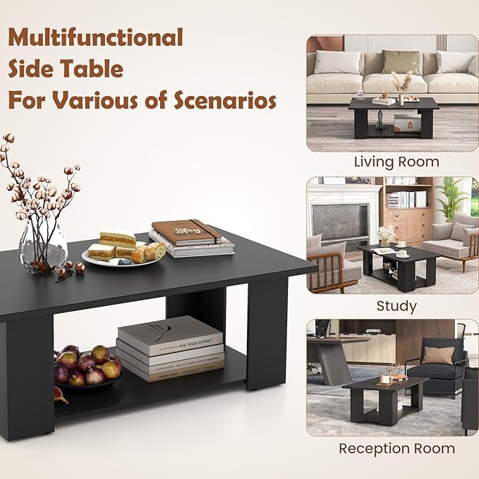 Giantex Rectangle Wood Center Table, 41" L 2-Tier Large Modern Tea Table w/Open Compartment, Easy Assembly, Accent Coffee Table for Living Room, Reception Room, Black