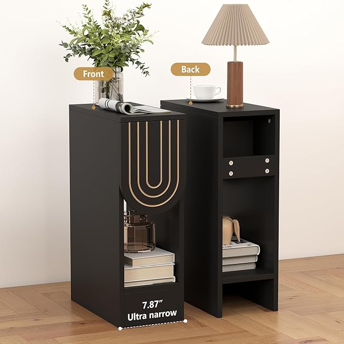 Narrow Nightstand, Black Bedside Table with Carving Lines Drawer, Mid-Century Modern Slim Side End Table for Bedroom Small Space, Wooden Small Night Stand (1, Black)