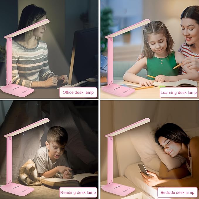 White crown LED Desk Lamp Dimmable Table Lamp Reading Lamp with USB Charging Port, 5 Lighting Modes, Sensitive Control, 30/60 Minutes Timer (Pink, First-Generation)