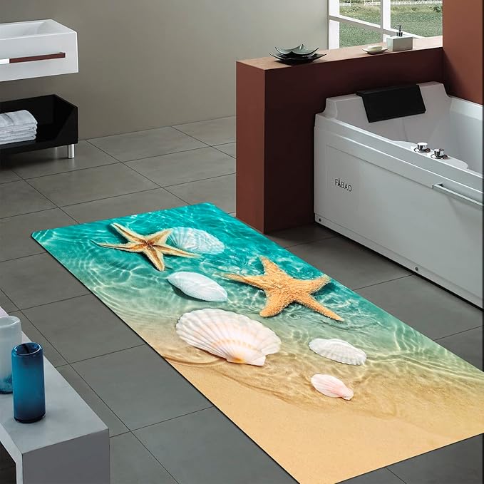 Bath Rugs Sponge Foam Absorbent Soft for Bathroom and Kitchen (71 x 24 inches), Flannel Mat Non Slip Bright 3D Print for Bedside and Living Room(Scallop Starfish)
