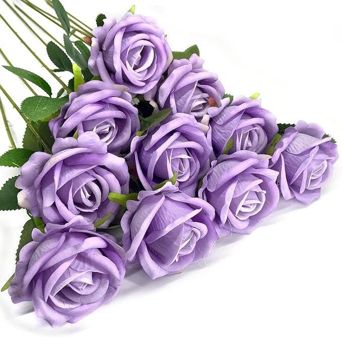 10 PCS Artificial Roses with Long Stems Silk Flowers Realistic Foam Flowers Fake Roses for Valentine's Day Home Wedding Halloween Decor(Light Purple)