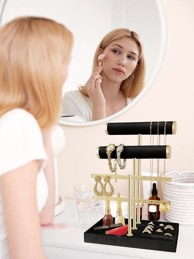 3 Tier Jewelry Organizer Stand with Detachable Ring Tray, Multi-functional necklace Holder for Bracelet, Earring, Elegant Closet Decor Gift for Women (Black)