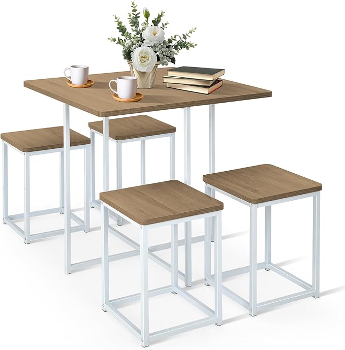 COSTWAY 5 Piece Dining Table Set, Counter Kitchen Table and Chair Set for 4 Includes 1 Square Table and 4 Stools, Space-Saving Pub Dining Set for Living Room, Breakfast Nook, Coffee Shop (Natural)