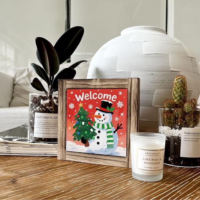 Christmas Wood Decor, Welcome Sign, Snowman Decors Art for Home Office, Christmas Tree Decoration, Home Front Door Porch Decors, Xmas Party Decor Ornaments, Farmhouse Wooden Box Sign