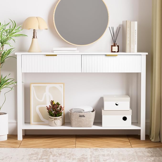 47.2" White Entryway Console Table with 2 Fluted Drawers and Gold Handles, Modern Sofa Table with Storage Shelf for Living Room and Hallway