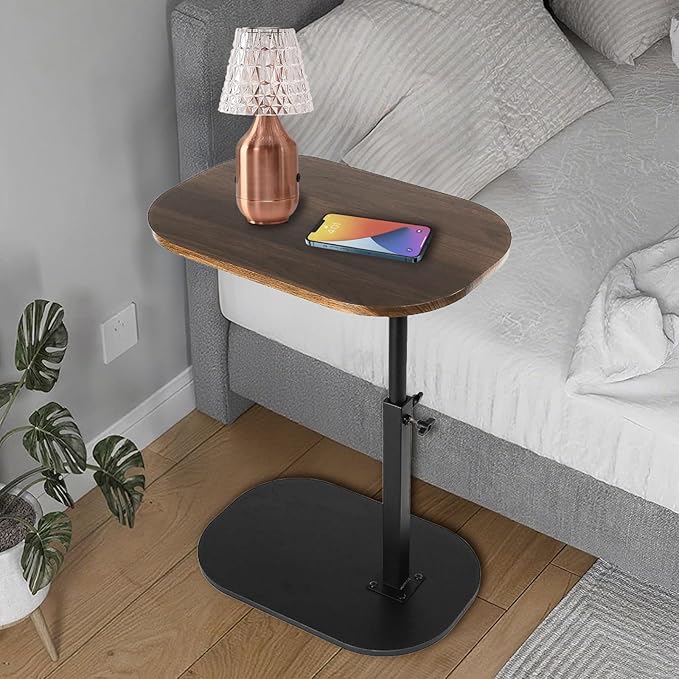 Side Table TV Tray for Couch,Height Adjustable 360° Swivel C Shaped End Table for Small Spaces,Bedside Bathroom Living Room (Walnut Wood)