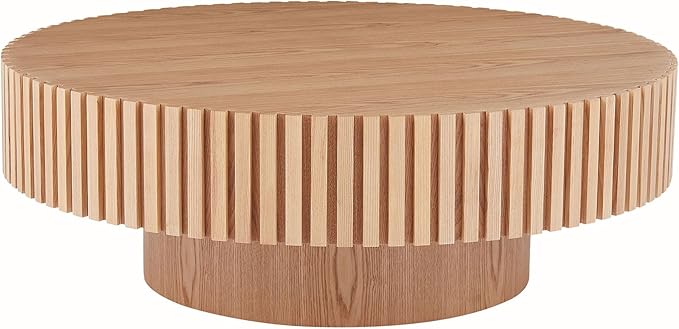 31.49''Round Coffee Table for Living Room, Modern Wood Nesting Coffee Table Handcraft Circle Fluted Drum Coffee Table, Easy Assembly,Oak